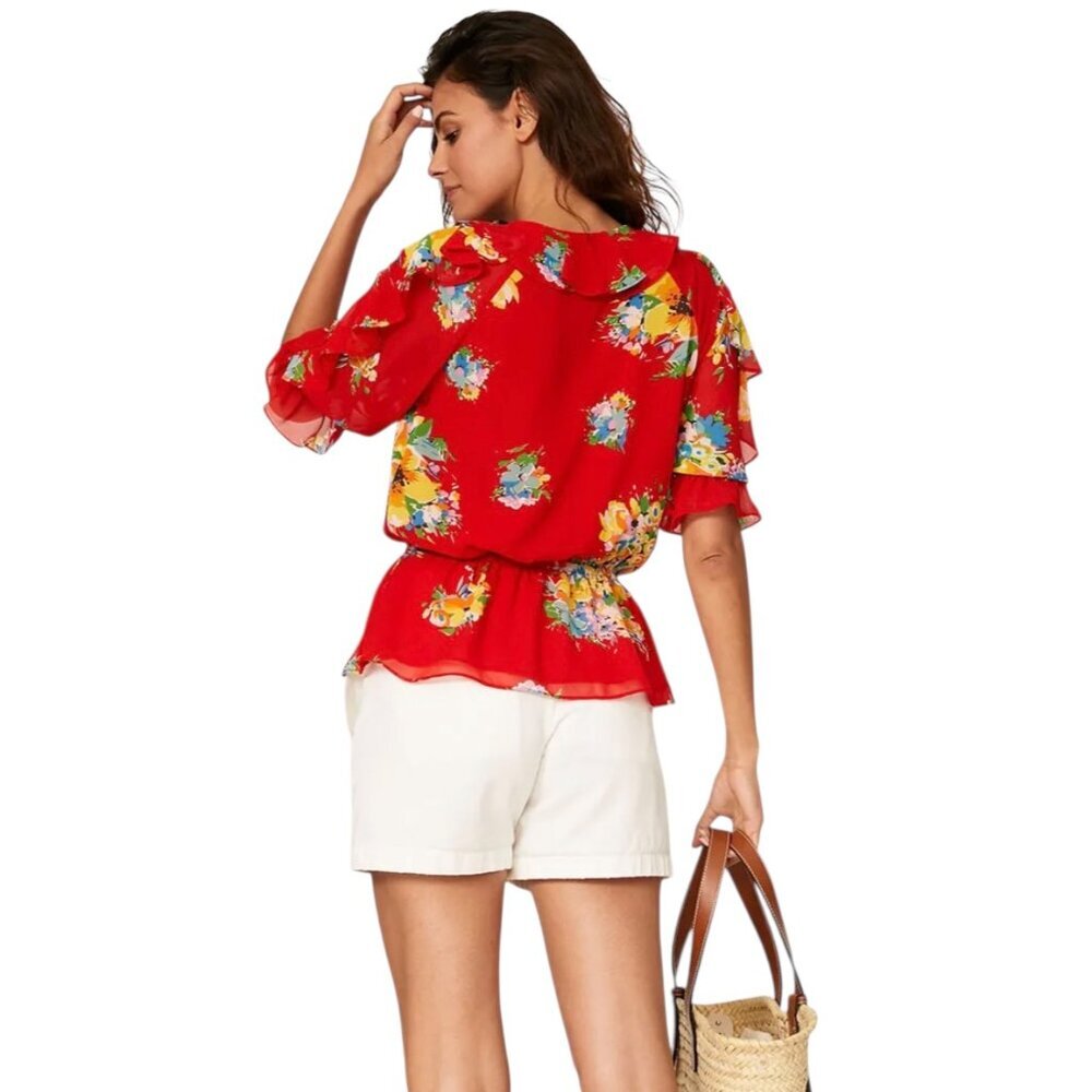 Lauren Ralph Lauren Savianne Peplum Top Red Floral Crepe Ruffles Puff Sleeve S - Picture 2 of 8